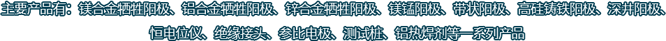 主要產(chǎn)品有：鎂合金犧牲陽(yáng)極、鋁合金犧牲陽(yáng)極、鋅合金犧牲陽(yáng)極、鎂錳陽(yáng)極、帶狀陽(yáng)極、高硅鑄鐵陽(yáng)極、深井陽(yáng)極、恒電位儀、絕緣接頭、參比電極、測(cè)試樁、鋁熱焊劑等一系列產(chǎn)品
